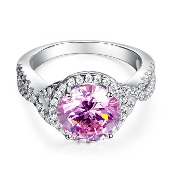 3.00ct Vivid Pink Diamond Engagement Ring, Round Brilliant Cut Twist, 925 Silver