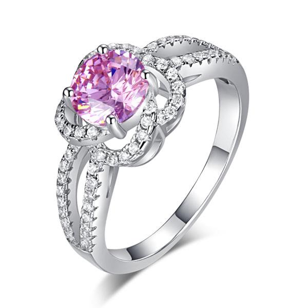 1.00ct Floral Pink Diamond Halo Ring, Round Brilliant Cut Centre Stone, 925 Sterling Silver Engagement ring