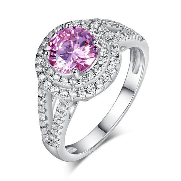 1.25ct Pink Diamond, Double Halo, Round Brilliant Cut Engagement Ring, 925 Sterling Silver