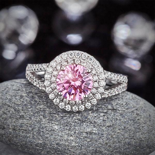 1.25ct Pink Diamond, Double Halo, Round Brilliant Cut Engagement Ring, 925 Sterling Silver