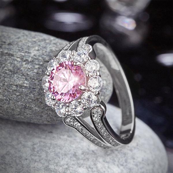 1.25ct Vintage Diamond Halo, Pink Round Brilliant Cut Engagement Ring