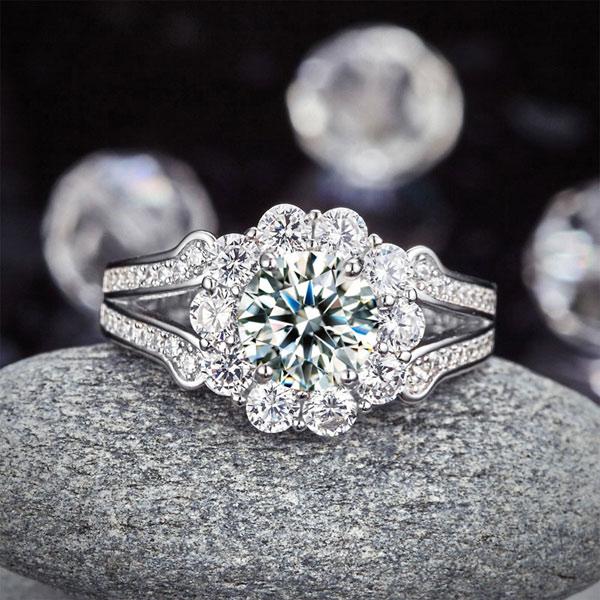 1.25ct Vintage Diamond Halo Engagement Ring, Round Brilliant Cut Diamond, 925