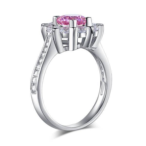 2.2ct Pink Diamond Halo Engagement Ring, Round Brilliant Cut, 925 Silver