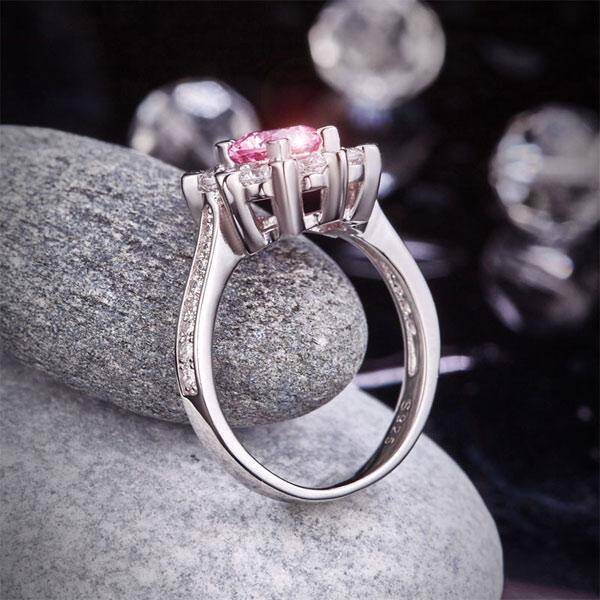 2.2ct Pink Diamond Halo Engagement Ring, Round Brilliant Cut, 925 Silver
