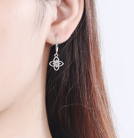 Four Leaf Clover Drop Diamond Earrings, 925 Sterling Silver