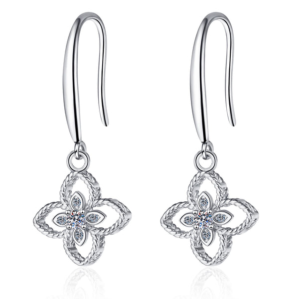 Four Leaf Clover Drop Diamond Earrings, 925 Sterling Silver