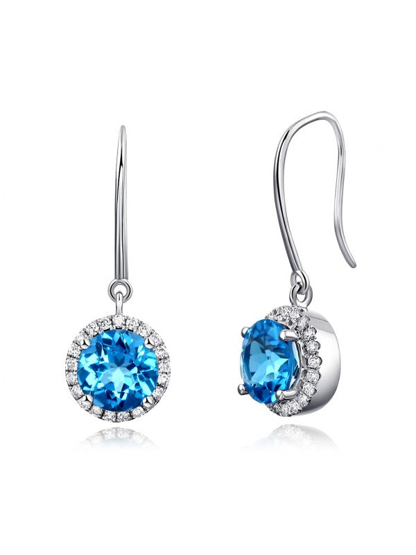1.55ct each, Round Cut Blue Topaz and Diamond Earrings, 14kt White Gold