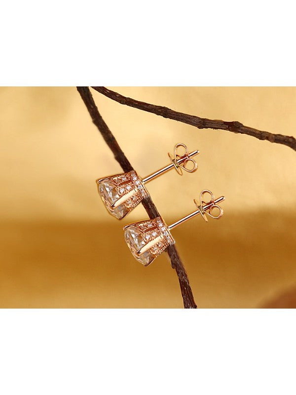 1.55ct each, Vintage Round Cut White Topaz and Diamond Earrings, 14kt Rose Gold