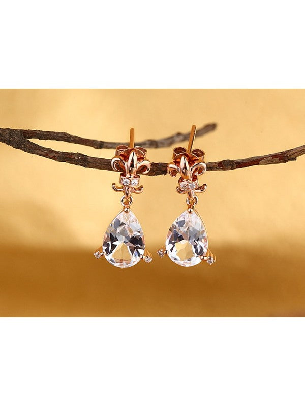 3.50ct each, Vintage Pear Cut White Topaz and Diamond Earrings, 14kt Rose Gold