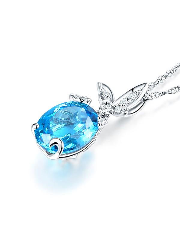 3.00ct Oval Cut Blue Topaz Pendant, Gemstone and Diamond Necklace, 14kt White Gold