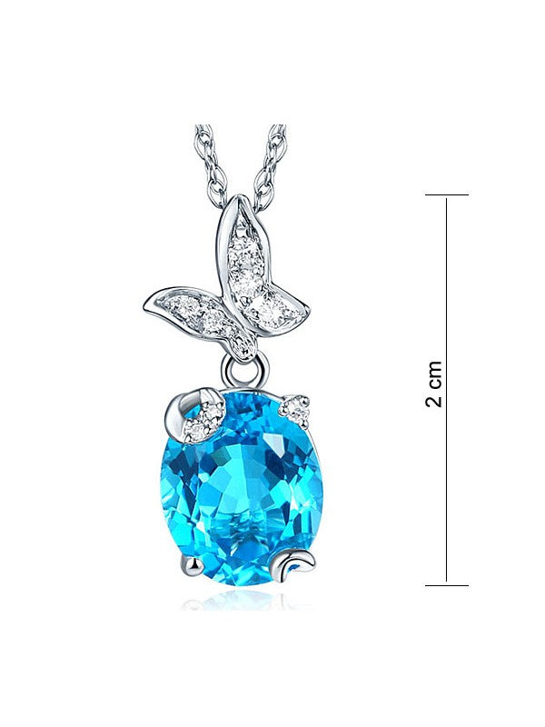 3.00ct Oval Cut Blue Topaz Pendant, Gemstone and Diamond Necklace, 14kt White Gold
