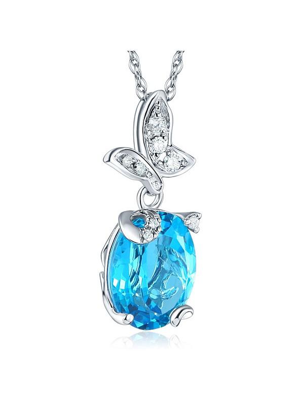 3.00ct Oval Cut Blue Topaz Pendant, Gemstone and Diamond Necklace, 14kt White Gold