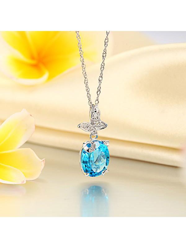 3.00ct Oval Cut Blue Topaz Pendant, Gemstone and Diamond Necklace, 14kt White Gold