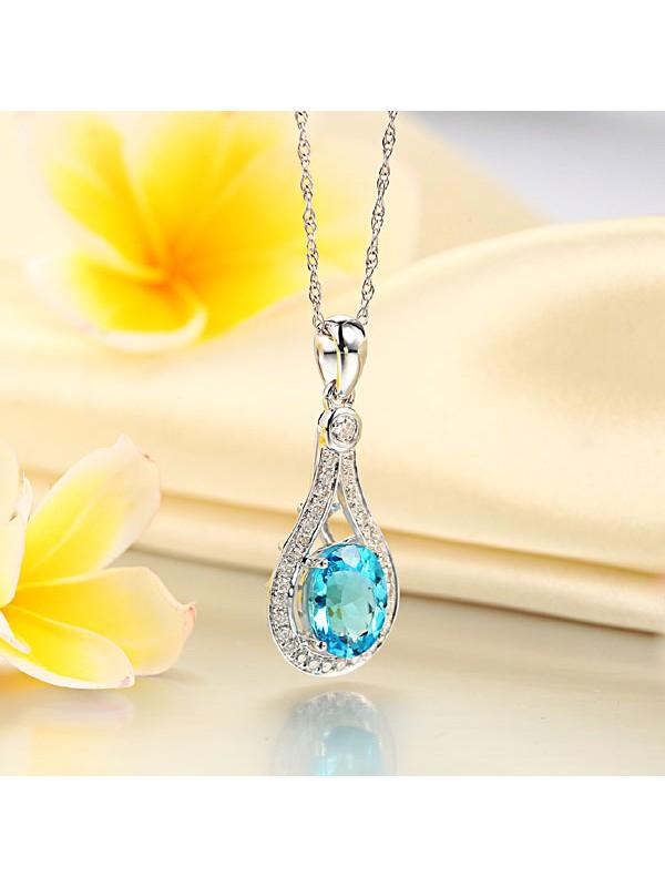 2.50ct Oval Cut Blue Topaz Pendant, Gemstone and Diamond Necklace, 14kt White Gold