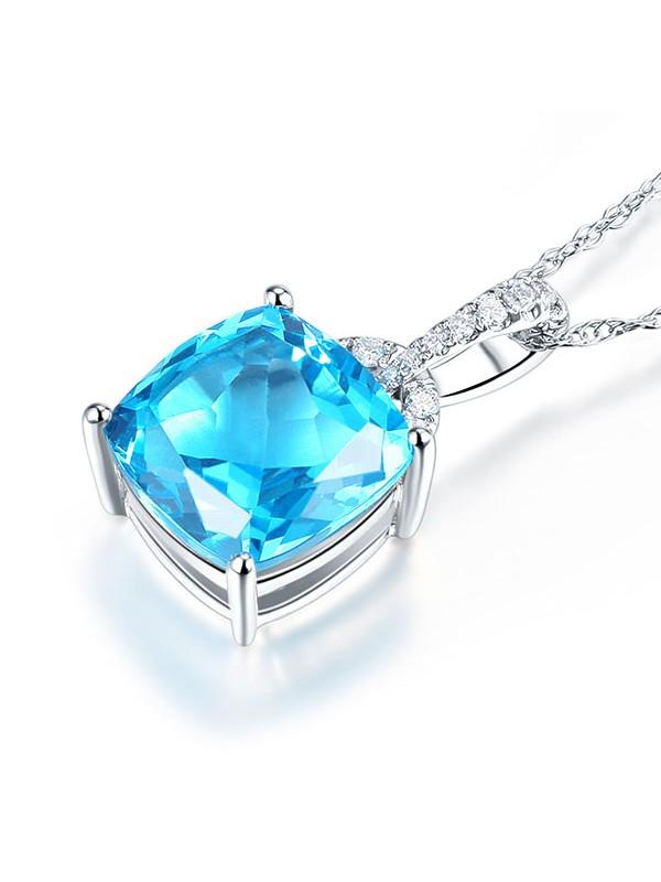 4.00ct Cushion Cut Blue Topaz Pendant, Gemstone and Diamond Necklace, 14kt White Gold