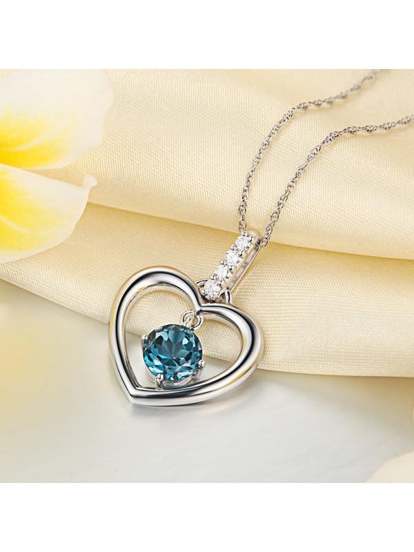 1.55ct Round Cut Blue Topaz Heart Pendant, Gemstone and Diamond Necklace, 14kt White Gold