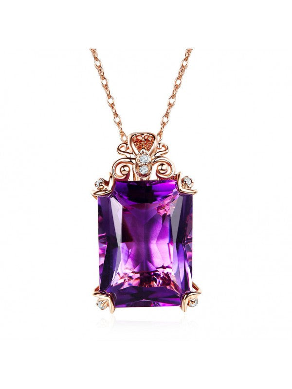 10.50ct Luxury Emerald Cut Amethyst Pendant, Gemstone and Diamond Necklace, 14kt Rose Gold
