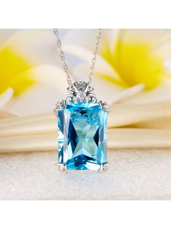 12.75ct Luxury Emerald Cut Blue Topaz Pendant, Gemstone and Diamond Necklace, 14kt White Gold