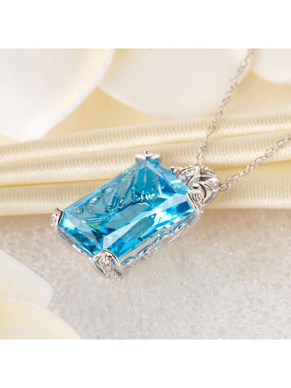 12.75ct Luxury Emerald Cut Blue Topaz Pendant, Gemstone and Diamond Necklace, 14kt White Gold