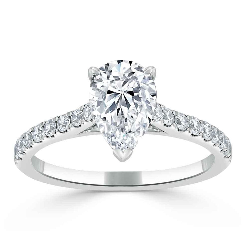 1.25ct Pear Cut Moissanite Engagement Ring, Classic Style, Available in White Gold, Platinum, Rose Gold or Yellow Gold