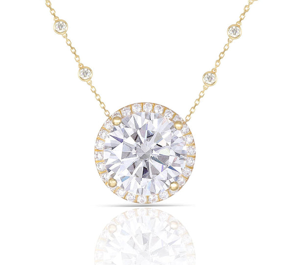 5.00ct Round Cut Moissanite Halo Necklace, Rubover Diamond Chain, 14Kt 585 Yellow Gold