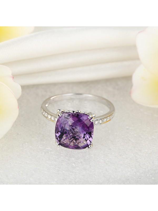 3.50ct Cushion Cut Amethyst Engagement Ring, Available in 14kt or 18kt White, Yellow or Rose Gold