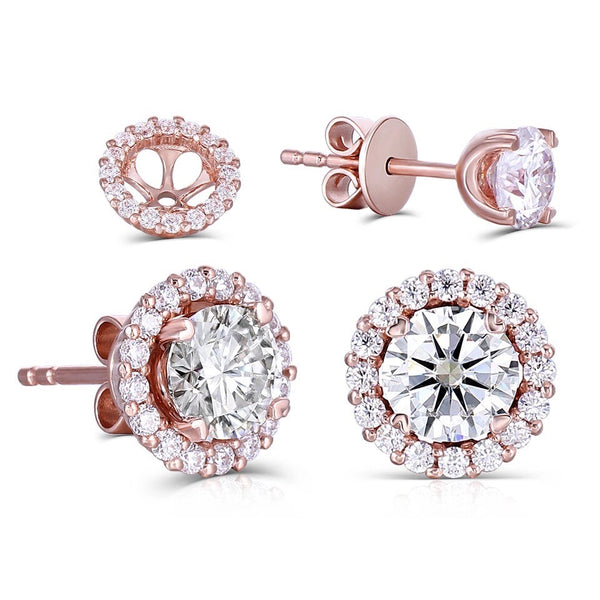 0.50ct each, Round Cut Moissanite Halo Earrings, 14Kt 585 Rose Gold