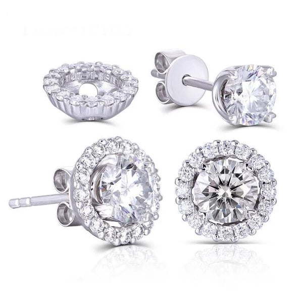 0.50ct each, Round Cut Moissanite Halo Earrings, 14Kt 585 White Gold