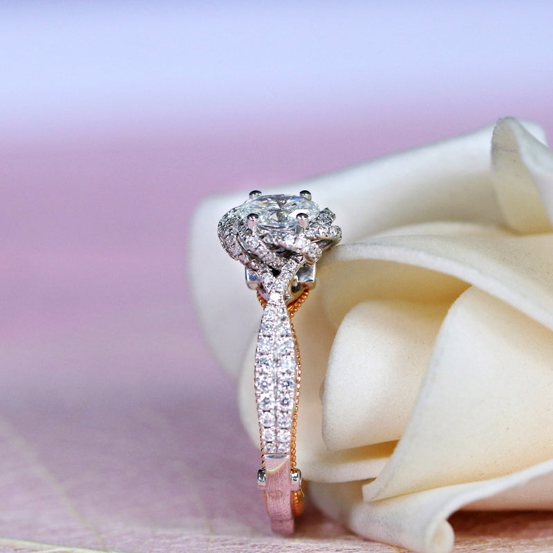 0.60ct Oval Cut Moissanite, Vintage Halo Engagement Ring, Available in White Gold or Platinum with Rose Gold Detailing