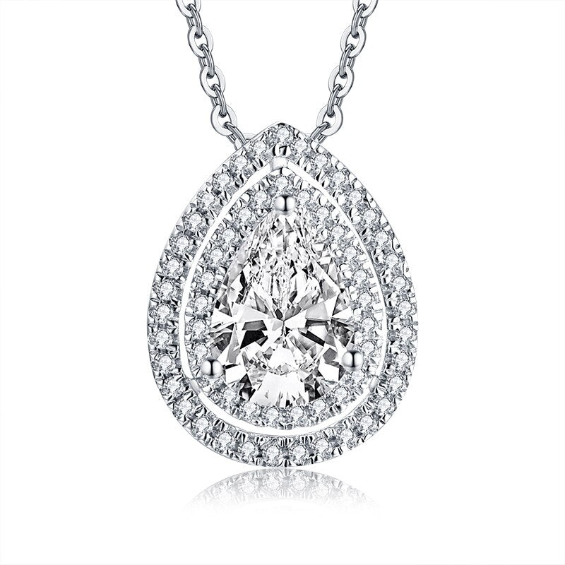 1.75ct Bridal Pear Diamond, Double Halo Pendant, Bridal Halo Diamond Necklace, 925 Silver