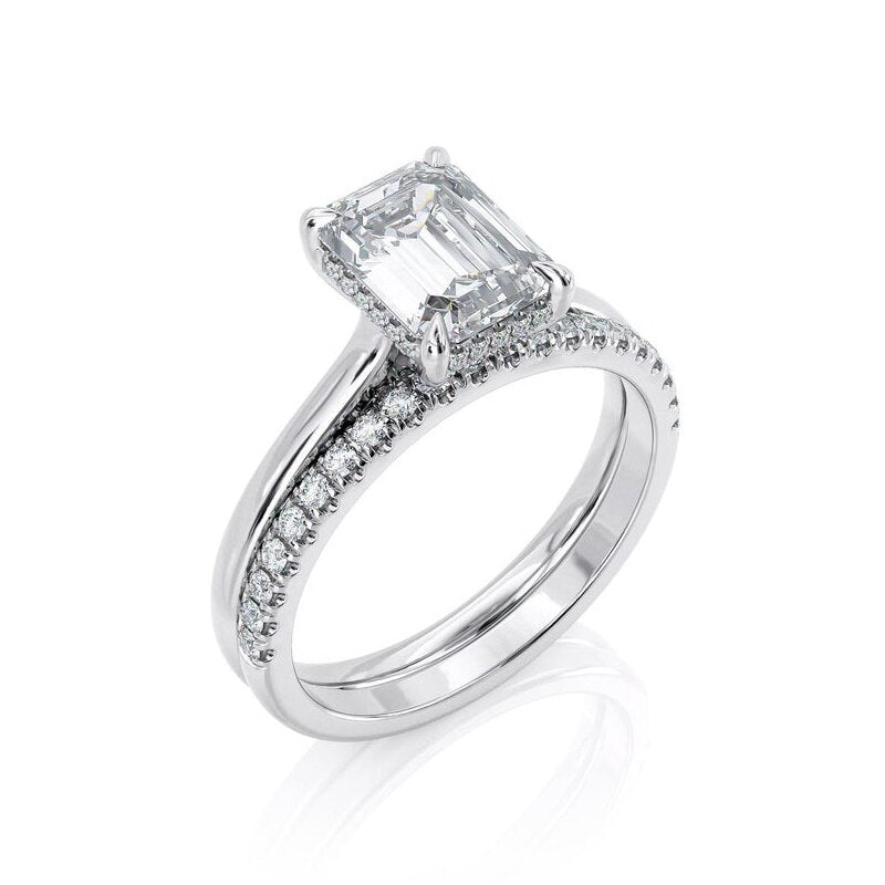 2.00ct Emerald Cut Moissanite Engagement Ring & Wedding Band Set, 14Kt 585 White Gold