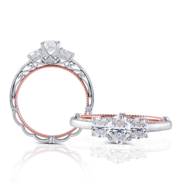 1.25ct Oval Cut Moissanite 3 Stone, Classic Vintage Engagement Ring, Available in White Gold or Platinum with Rose Gold Detailing