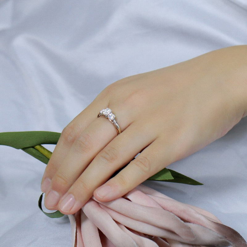 1.25ct Oval Cut Moissanite 3 Stone, Classic Vintage Engagement Ring, Available in White Gold or Platinum with Rose Gold Detailing