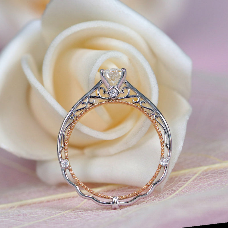 0.60ct Oval Cut Moissanite, Classic Vintage Engagement Ring, Available in White Gold or Platinum with Rose Gold Detailing