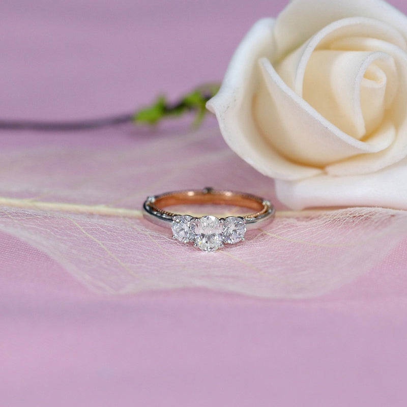 1.25ct Oval Cut Moissanite 3 Stone, Classic Vintage Engagement Ring, Available in White Gold or Platinum with Rose Gold Detailing