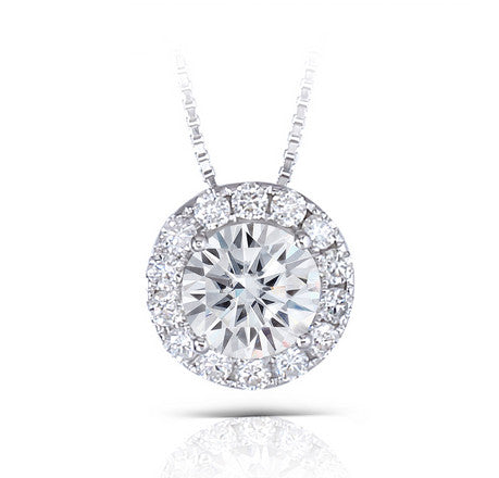 1.00ct Round Cut Moissanite Necklace, Classic Halo Pendant, 14Kt 585 White Gold