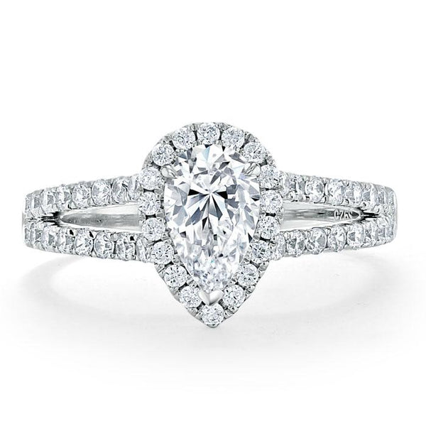 1.60ct Pear Cut Moissanite Engagement Ring, Classic Halo with Split Shank, Available in White Gold, Platinum, Rose Gold or Yellow Gold