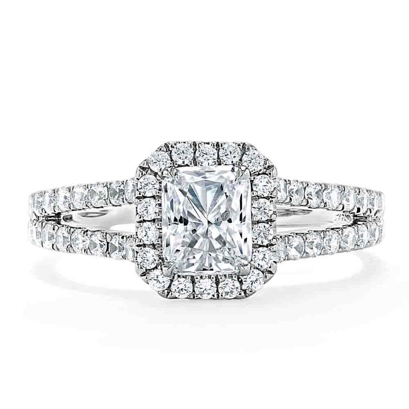 1.60ct Radiant Cut Moissanite Halo Engagement Ring, Classic Style,  Available in White Gold, Platinum, Rose Gold or Yellow Gold