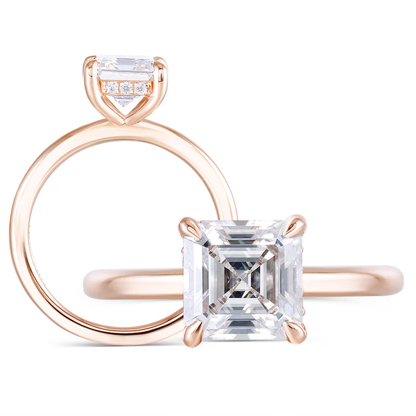 1.50ct Asscher Cut Moissanite Engagement Ring, Classic Design, Available in 14Kt or 18Kt Rose Gold