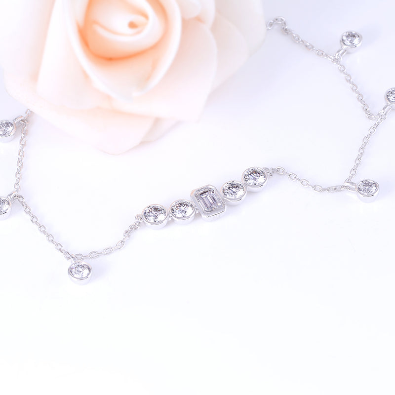 4.50ct Emerald & Round Cut Moissanite Necklace, Elegant Rubover Setting, 10Kt White Gold