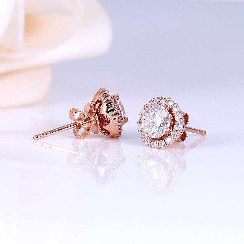 0.50ct each, Round Cut Moissanite Halo Earrings, 14Kt 585 Rose Gold