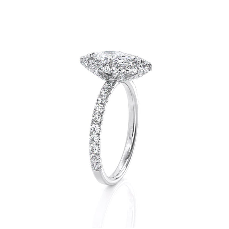 0.80ct Marquise Cut Moissanite Engagement Ring, Diamond Halo, 14Kt 585 White Gold