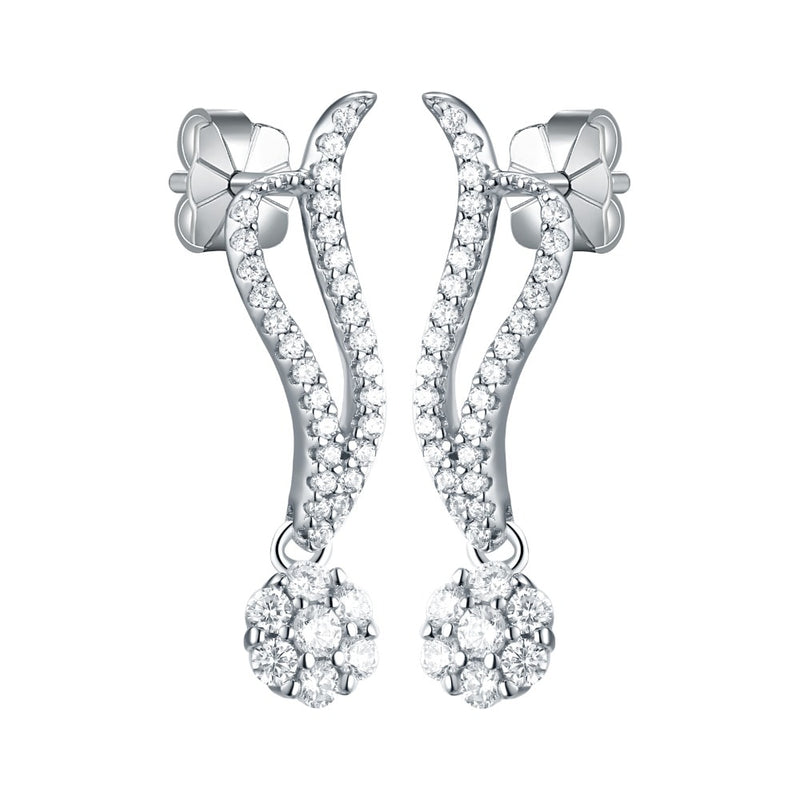 0.50ct each, Round Cut Diamond Cluster Drop Earrings, 925 Sterling Silver