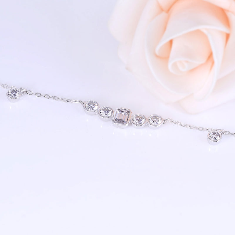4.50ct Emerald & Round Cut Moissanite Necklace, Elegant Rubover Setting, 10Kt White Gold