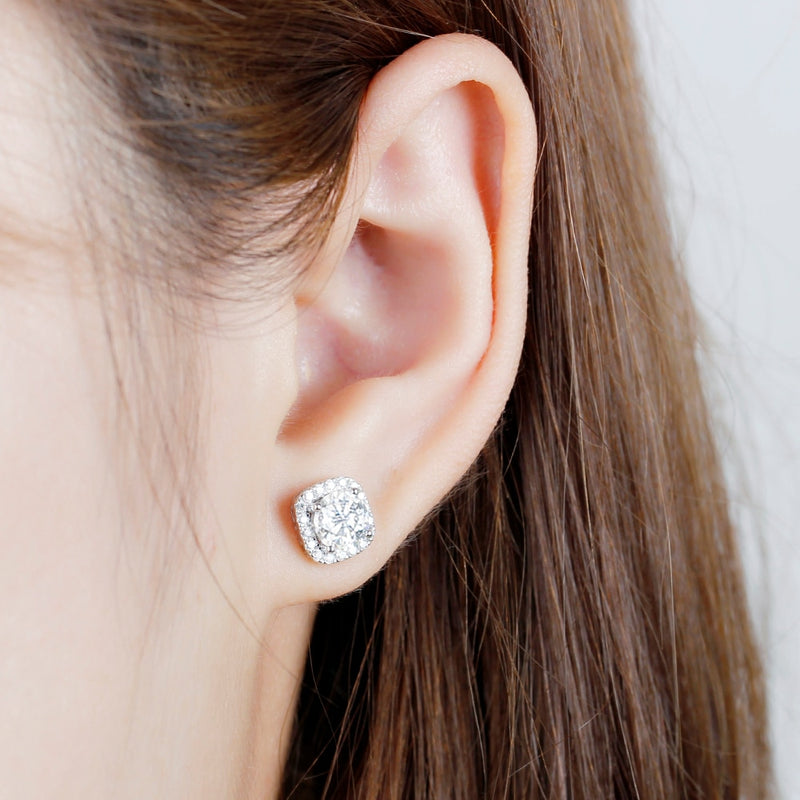 Round Cut Moissanite Halo Earrings, Art Deco Design, Choose Your Stone Size and Metal