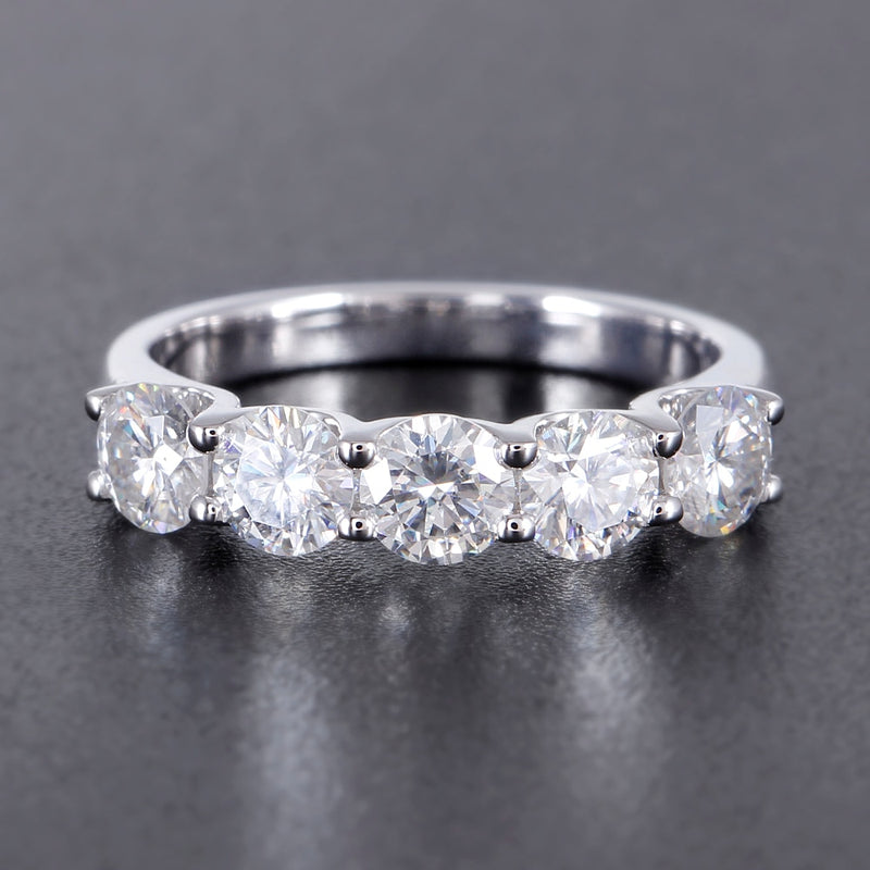 1.25ct Moissanite Wedding Band, Classic Tiffany Design, 5 Stone Ring, Available in White Gold Or Platinum