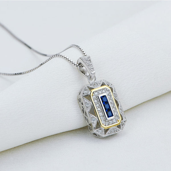 Vintage Sapphire & Diamond Pendant, Art Deco Design, 925 Silver