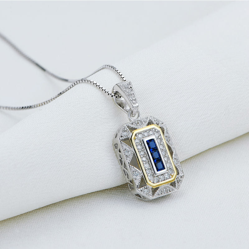Vintage Sapphire & Diamond Pendant, Art Deco Design, 925 Silver