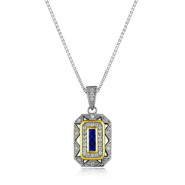 Vintage Sapphire & Diamond Pendant, Art Deco Design, 925 Silver