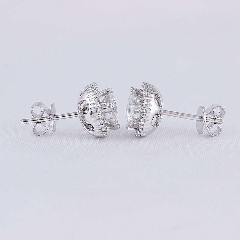 0.50ct each, Round Cut Moissanite Halo Earrings, 14Kt 585 White Gold